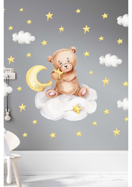 Sevimli ayıcık ve yıldızlar duvar çıkartması, çocuk odası dekoru, 5+ parça, bej renk