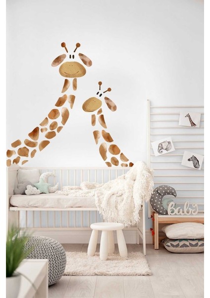 Çocuk odası renkli zürafa ve yavru duvar sticker dekoru