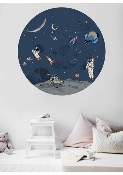 Renkli yuvarlak manzara ve astronot temalı çocuk odası duvar sticker seti