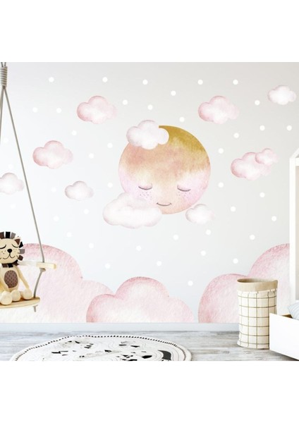 Ay ve Bulut Tema Alt Bordürlü Duvar Sticker Seti