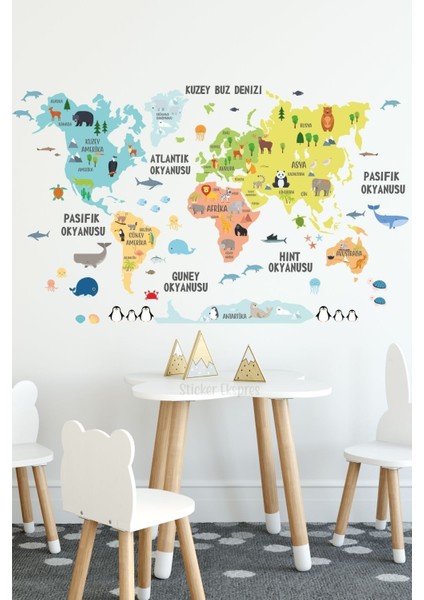 Turuncu Dünya Haritası Çocuk Odası Duvar Sticker, Öğrenmeye ve Dekorasyona Uygun, 5+ Parça