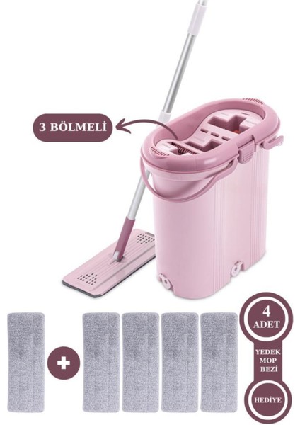 F404 3 Bölmeli Temizlik Seti 14lt, 4 Yedek Mikrofiber Bez Hediye, Çok Amaçlı Kullanım