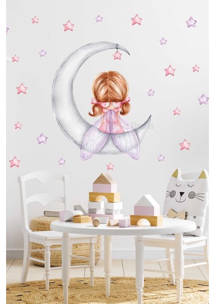 Ayda Oturan Peri Kızı ve Yıldızlar Çocuk Odası Duvar Sticker Seti