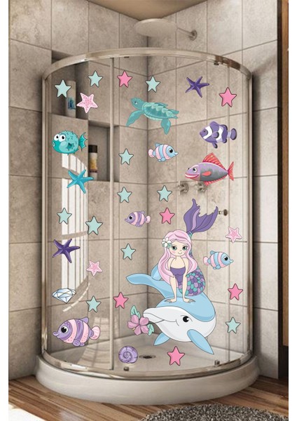Renkli Deniz Kızı, Yıldızlar ve Balıklar Duş ve Banyo Stickerleri, Bebek ve Çocuk Odası için