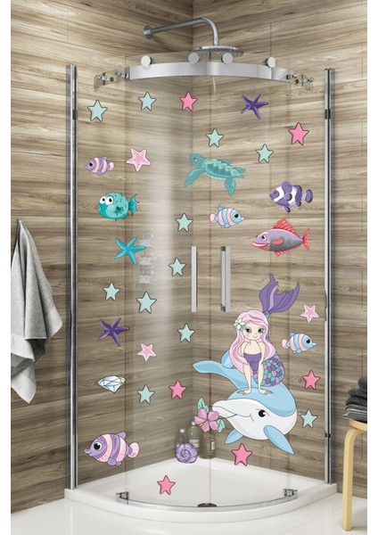 Renkli Deniz Kızı, Yıldızlar ve Balıklar Duş ve Banyo Stickerleri, Bebek ve Çocuk Odası için fiyatları