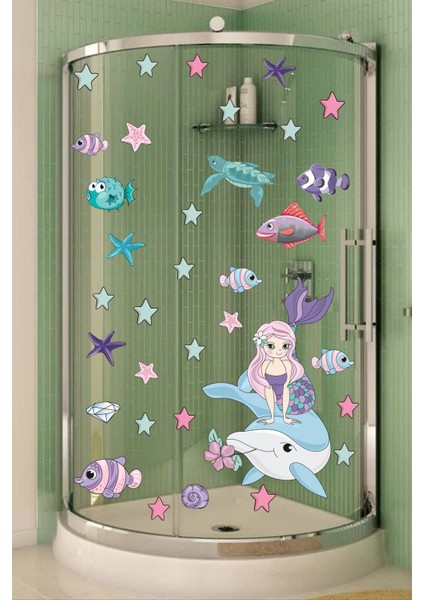 Renkli Deniz Kızı, Yıldızlar ve Balıklar Duş ve Banyo Stickerleri, Bebek ve Çocuk Odası için modelleri