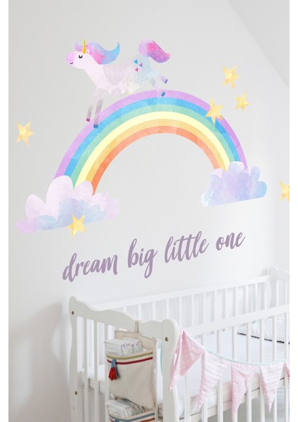 Renkli gökkuşağı ve unicorn temalı duvar sticker seti, sevimli çocuk odası dekorasyonu