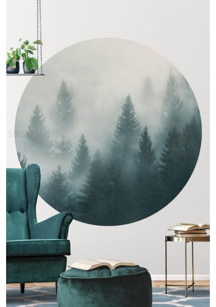 Renkli orman manzara yuvarlak duvar sticker, salon ve oturma odası dekoru için ideal