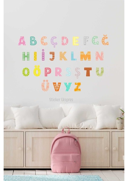 Renkli Türkçe Alfabe Duvar Sticker Seti, Çocuk Odası Eğlence ve Öğrenme İçin Parça: 5+