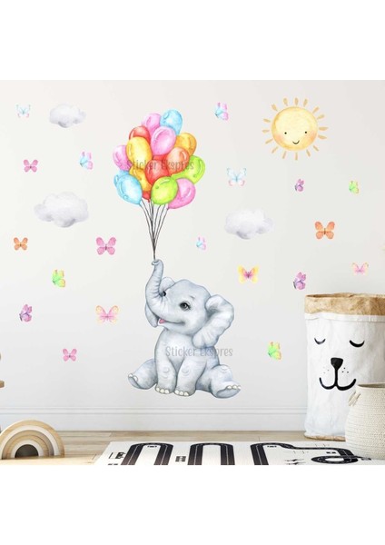 Renkli balon tutan sevimli fil çocuk odası duvar sticker seti, 5+ parça, çok renkli