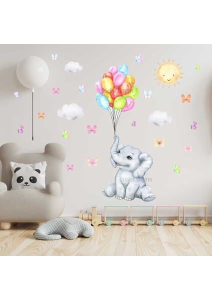 Renkli balon tutan sevimli fil çocuk odası duvar sticker seti, 5+ parça, çok renkli fiyatları