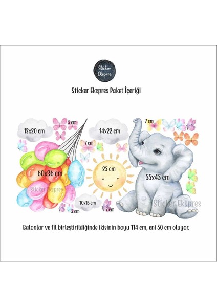 Renkli balon tutan sevimli fil çocuk odası duvar sticker seti, 5+ parça, çok renkli modelleri