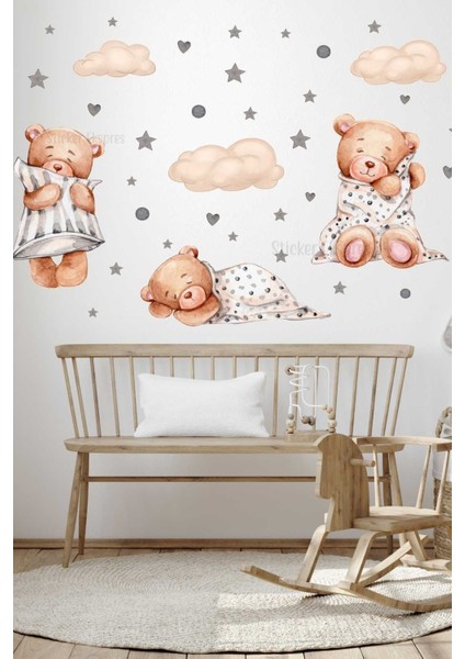 Çocuk odası renkli ayıcık duvar sticker seti, eğlenceli ve sevimli dekorasyon parçası