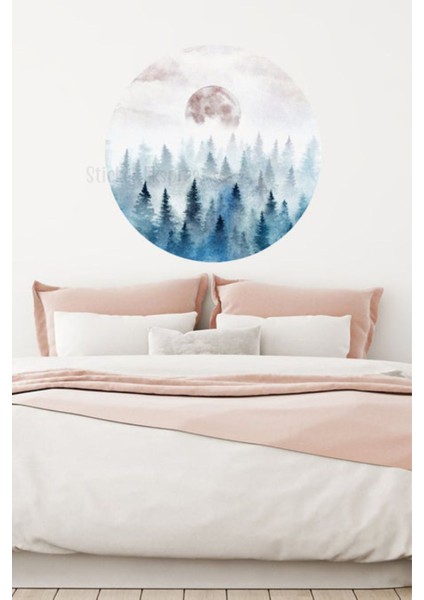 Sisli orman ve ay temalı çok renkli duvar çıkartması, huzurlu atmosfer sağlar fiyatları