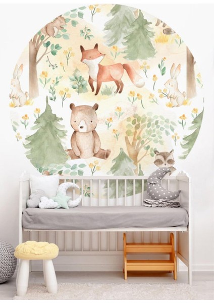 Renkli orman ve hayvanlar temalı çocuk odası duvar sticker, eğlenceli ve şık dekorasyon
