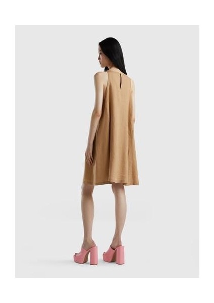 Taba Kadın Bisiklet Yaka Kolsuz Uzun Keten Elbise 4AGHDV02U fiyatları