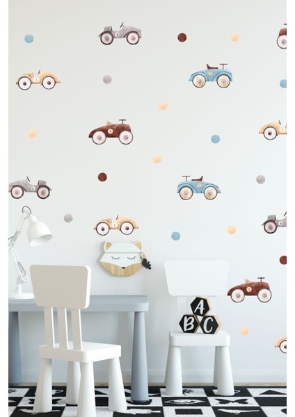 Rüya Gibi Çocuk Odası Duvar Sticker Seti, Mavi, 5+ Parça, Retro Arabalar ve Puantiyeler