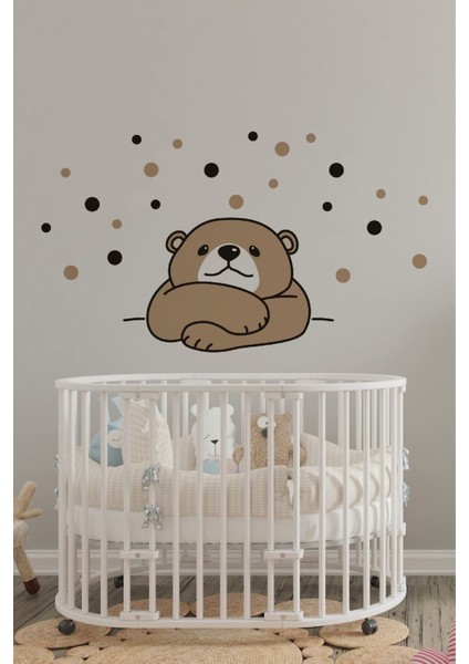 Sevimli Bakan Ayı ve Puantiyeli Çocuk Odası Duvar Sticker, Kahverengi, Eğlenceli Dekor