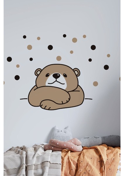 Sevimli Bakan Ayı ve Puantiyeli Çocuk Odası Duvar Sticker, Kahverengi, Eğlenceli Dekor modelleri