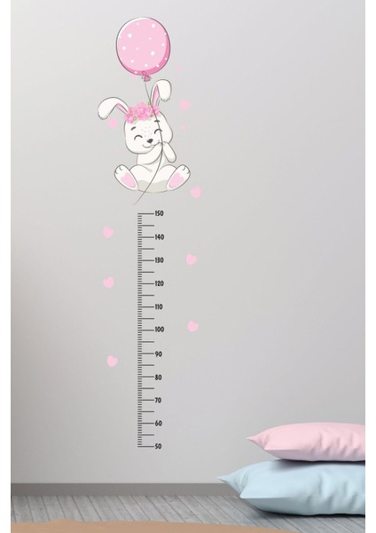 Renkli Tavşan Boy Ölçer Duvar Sticker, Çocuk Odası Dekorasyonu, Pembe