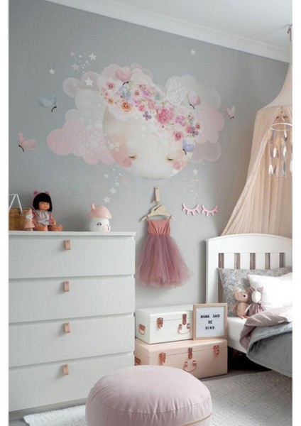 Çocuk odası duvar dekor seti, çiçek ve ay temalı, 5+ parça, turuncu renkli