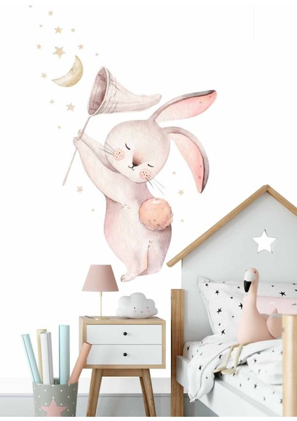 Renkli Tavşan, Ay ve Yıldızlar Temalı Çocuk Duvar Sticker Seti, 5+ Parça, Pembe