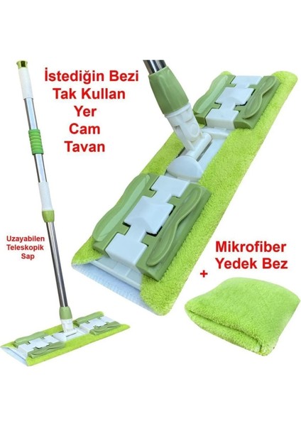 Çok amaçlı teleskopik saplı ve yedek bezli temizlik mop seti, pratik kullanım sağlar.