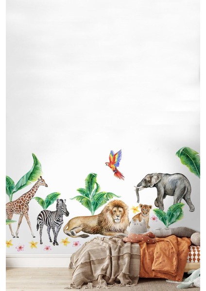 Canlı renkli tropikal safari çocuk odası duvar çıkartması, 5+ parça, yeşil renk