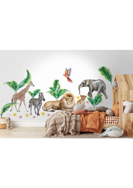 Canlı renkli tropikal safari çocuk odası duvar çıkartması, 5+ parça, yeşil renk modelleri
