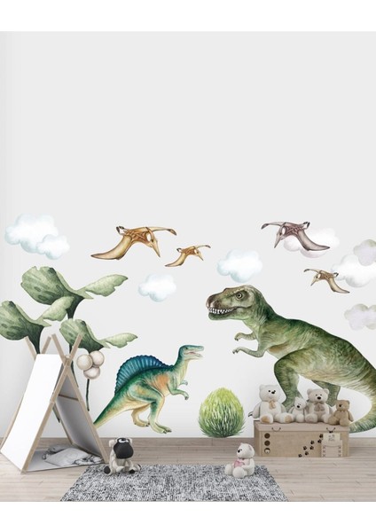 Renkli Dinozorlar Vahşi Yaşam Duvar Sticker, Çocuk Odası Dekorasyonu, 5+ Parça, Ekru