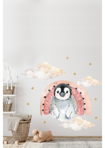 Pastel Penguen ve Gökyüzü Temalı Çocuk Odası Duvar Sticker Seti 5+ Parça