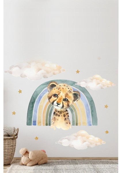 Pastel renkli yavru leopar ve gökyüzü temalı çocuk odası duvar sticker seti, 5+ parça
