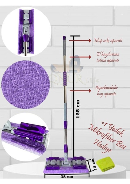 Mor mikrofiber temizlik seti, yedek bezli yer ve duvar mop, hediye ile birlikte modelleri