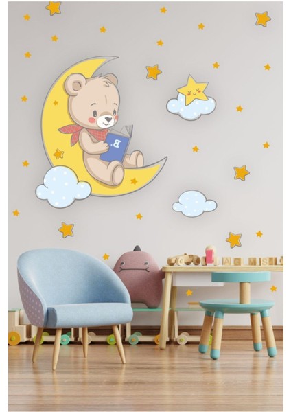 Turuncu Ayda ve Yıldızlar Temalı Çocuk Odası Sticker Seti, Bebek ve Çocuklar İçin Eğlenceli Dekorasyon fiyatları