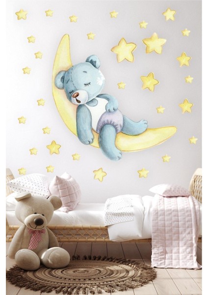 Sevimli ayıcıklı ve yıldızlı çocuk odası duvar sticker seti, turuncu, tek parça