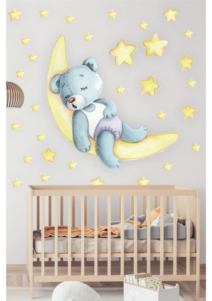 Sevimli ayıcıklı ve yıldızlı çocuk odası duvar sticker seti, turuncu, tek parça fiyatları