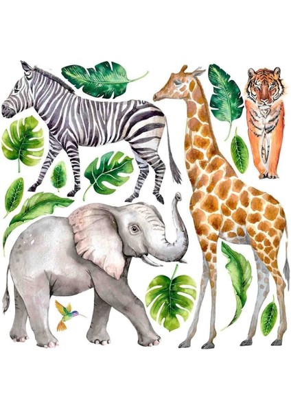 Renkli Hayvan Temalı Duvar Sticker Seti, Çocuk Odası Dekoru, 5+ Parça, Gri