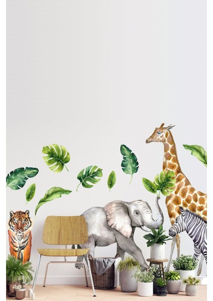 Renkli Hayvan Temalı Duvar Sticker Seti, Çocuk Odası Dekoru, 5+ Parça, Gri modelleri
