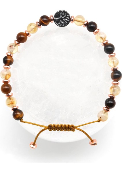 Hayat Ağaçlı Sitrin - Kaplan Gözü Doğal Taş Makrome Örme Bileklik Küre Kesim