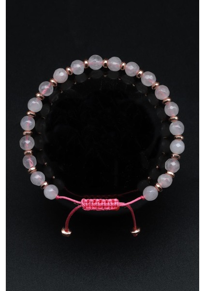 Pembe Kuvars Doğal Taş Makrome Örme Bileklik Fasetli Küre Kesim