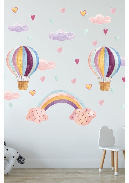 Renkli gökyüzü ve gökkuşağı temalı çocuk odası duvar sticker seti, 5+ parça, pembe