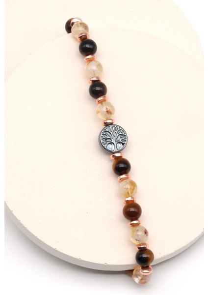 Hayat Ağaçlı Sitrin - Kaplan Gözü Doğal Taş Makrome Örme Bileklik Küre Kesim fiyatları