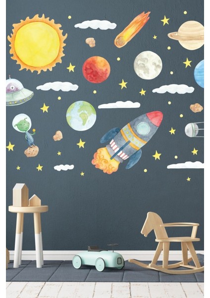 Renkli Uzay Temalı Çocuk Odası Duvar Sticker Seti, Eğlenceli ve Renkli Dekorasyon Parça Sayısı: 5+