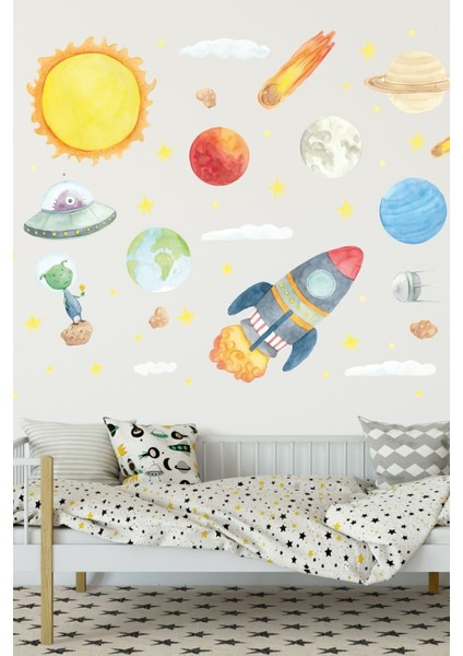 Renkli Uzay Temalı Çocuk Odası Duvar Sticker Seti, Eğlenceli ve Renkli Dekorasyon Parça Sayısı: 5+ fiyatları
