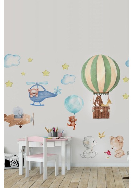 Pastel Renkli Sevimli Hayvanlar Gökyüzü Yolculuğu Duvar Çıkartması Seti 5+