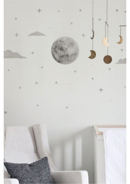 Renkli Bulut ve Dolunay Temalı Çocuk Odası Duvar Stickerı, Gri Düz Desen