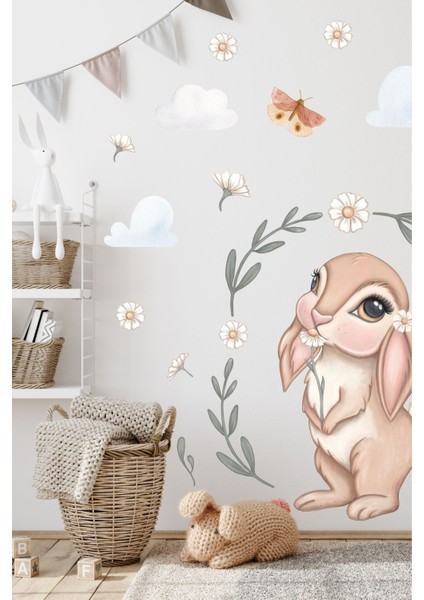 Sevimli Tavşan ve Papatya Çocuk Odası Duvar Sticker Seti, Renkli ve Eğlenceli Dekorasyon