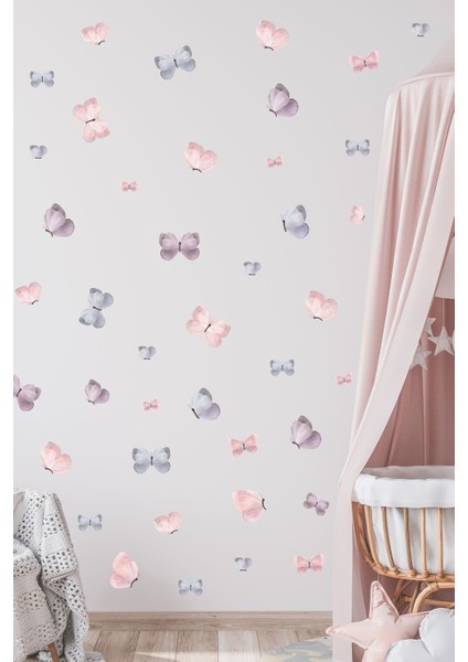 Renkli kelebekler çocuk odası duvar sticker seti, neşeli ve şık dekorasyon, 5+ parça, pembe