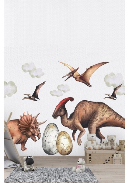 Renkli Dinozor Dünyası Büyük Boy Duvar Sticker Seti, Eğlenceli ve Öğretici Dekorasyon, 5+ Parça
