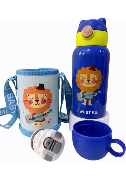 Çift Kapaklı ve Pipetli Karikatür Paslanmaz Çelik Termos Şişe 500 ml (Yurt Dışından)
